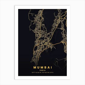 Mumbai India Black And Gold Map Art Print