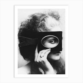 Woman With A Mask from a Picture Frame, Black and White Old Photo Art Print