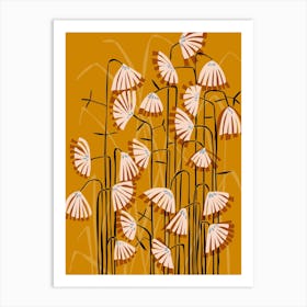 Linocut Flower Meadow Mustard Yellow Art Print