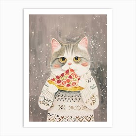 Happy Grey And White Cat Pizza Lover Folk Illustration 2 Art Print