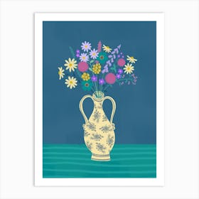 Flowers On Green And Blue Art Print