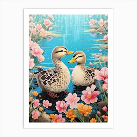 Duck & Duckling In The Flowers Japanese Woodblock Style 6 Art Print