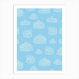 Fluffy Abstract Doodle Line Art Clouds White on Blue Art Print