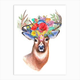 Deer With Flowers On Its Head Stag Wildflowers Boho Flowers Deer Art Print