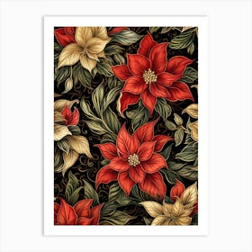 Poinsettia 2 William Morris Style Winter Florals Art Print