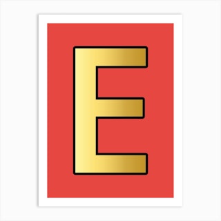 Letter E Gold Alphabet Red Art Print