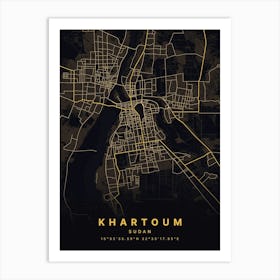 Khartoum Sudan Black And Gold Map Art Print