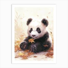 Giant Panda Cub Playing With A Fallen Leaf Storybook Illustration 1 Art Print