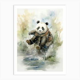 Panda Art Horseback Riding Watercolour 1 Art Print