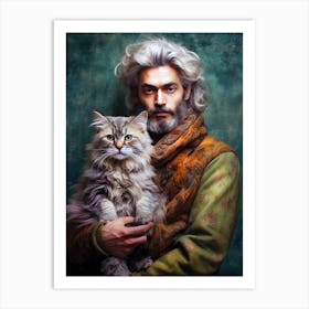 Portrait Of A Man Holding A Cat Art Print