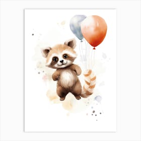 Baby Panda Flying With Ballons, Watercolour Nursery Art 1 Art Print