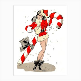 Pinup Girl In Santa Costume And A Big Candy Stick Art Print