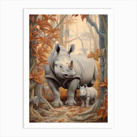 Rhino & Baby Rhino With Orange Leaves Art Print