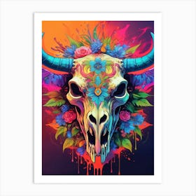 Floral Bull Skull Neon Iridescent Painting (15) Art Print