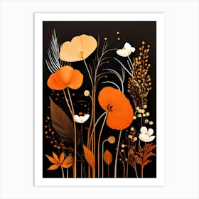 Orange Flowers On Black Background 1 Art Print