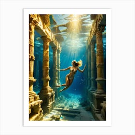 Woman swimming in gold underwater ruin 3 Art Print