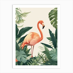 Lesser Flamingo And Philodendrons Minimalist Illustration 2 Art Print