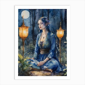 Elven Lady ~ Blue Lotus Yoga Meditating Sacred Space Witch Pagan Watercolor Painting Full Moon Art Print