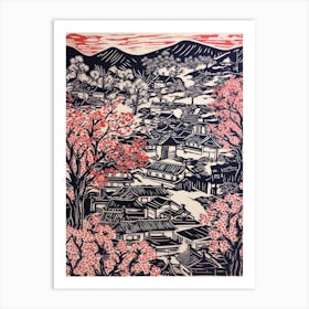 Kyoto Cherry Season Japan Linocut Illustration Style 2 Art Print