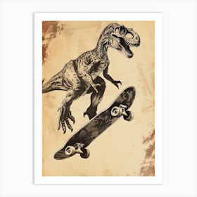 Vintage Troodon Dinosaur On A Skateboard 2 Art Print