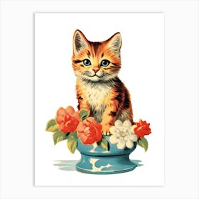 Vintage Cat With Flowers Kitsch Art Print