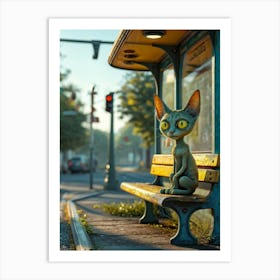 Friendly Alien Yellow Cat Like Eyes Perched On A Bus Stop Bench Whimsical Setting Etched With An Art Print