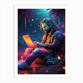 Man Using Laptop In The Forest Art Print