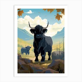 Two Black Bulls In The Autumnal Highlands Art Print