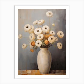 Ranunculus, Autumn Fall Flowers Sitting In A White Vase, Farmhouse Style 3 Art Print