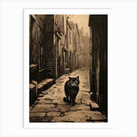 A Black Cat Wandering The Smoky Medieval Cobbled Streets 2 Art Print