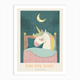 Pastel Storybook Style Unicorn Sleeping In A Duvet With The Moon 1 Poster Art Print