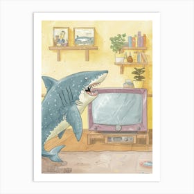 Shark On The Floor Watching Tv In The Living Room Line Illustration Art Print