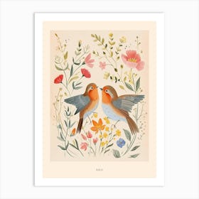 Folksy Floral Animal Drawing Bird Poster Art Print