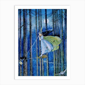 Witch and Black Cat on a Broomstick - Ida Rentoul Outhwaite - 1921 from the book 'Fairyland' story 'The Enchanted Forest' Witchy Pagan Fairytale Vintage Art Deco Illustration Witchcore Fairycore Owl Flying Witches Full Moon Art Print