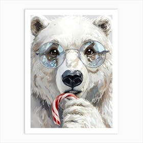 Polar Bear With Glasses and Candy cane Art Print