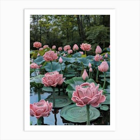 Pink Lotus Knitted In Crochet 4 Art Print