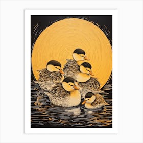 Ducklings Swimming In The Water Japanese Woodblock Style 5 Art Print