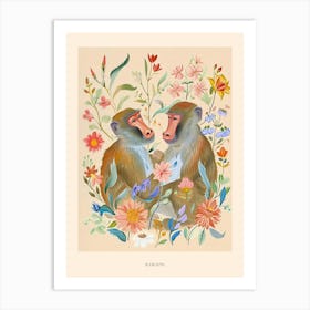 Folksy Floral Animal Drawing Baboon 4 Poster Art Print