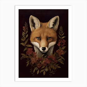 Fox Portrait With Rustic Flowers 1 Art Print