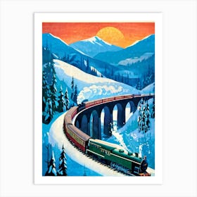 Vintage Styled Travel Poster Illustrating The Nostalgic Journey Of A Steam Train As It Winds Its Way Art Print