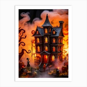 Fiery Autumn Leaves Swirl Around A Haunted House The Walls Of Which Exude A Defocused Orange Glow (6) Affiche