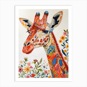 Colourful Giraffe With Flowers 4 Art Print
