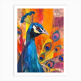 Peacock Orange Blue Mixed Media Collage Art Print