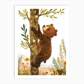 Brown Bear Cub Climbing A Tree Storybook Illustration 4 Art Print