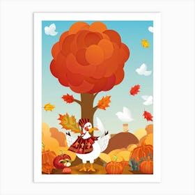 Cartoon Style Illustration Of A Cheerful Turkey Character Donning A Pilgrim Hat Amidst A Fall Harves (2) Art Print