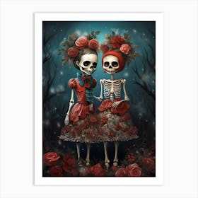 Two Skeleton Girls Standing In Front Of A Christmas Art Print