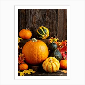 Autumn Gourds And Pumpkins Arranged For Thanksgiving Vibrant Hues Of Orange Yellow And Red Some (1) Art Print