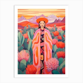 Woman In The Desert With Cactus Art Print