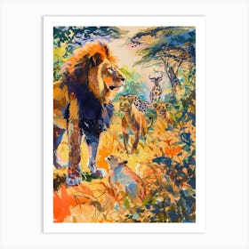 Masai Lion Interaction With Other Wildlife Fauvist Painting 4 Art Print