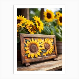 Sunflowers On A Wooden Frame Art Print